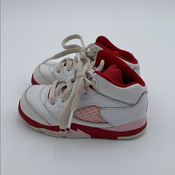 Jordan Kids White and Red Sneakers high top lace up shoes size 7 - Picture 4 of 11